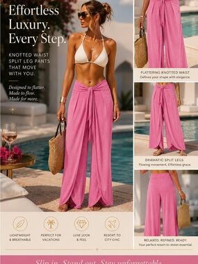 Knotted Waist Split-Leg Wide Pants - Pink